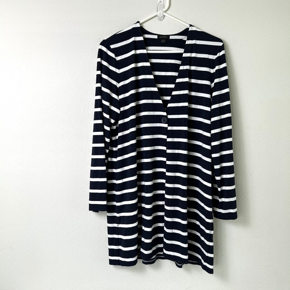 J Jill Wearever Cardigan Size L Navy White Stripe Pockets Long Sleeve One Button